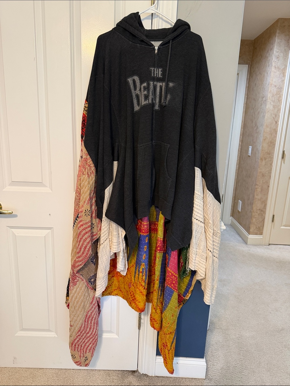Black Hooded Poncho with Multicolor Patchwork Panels